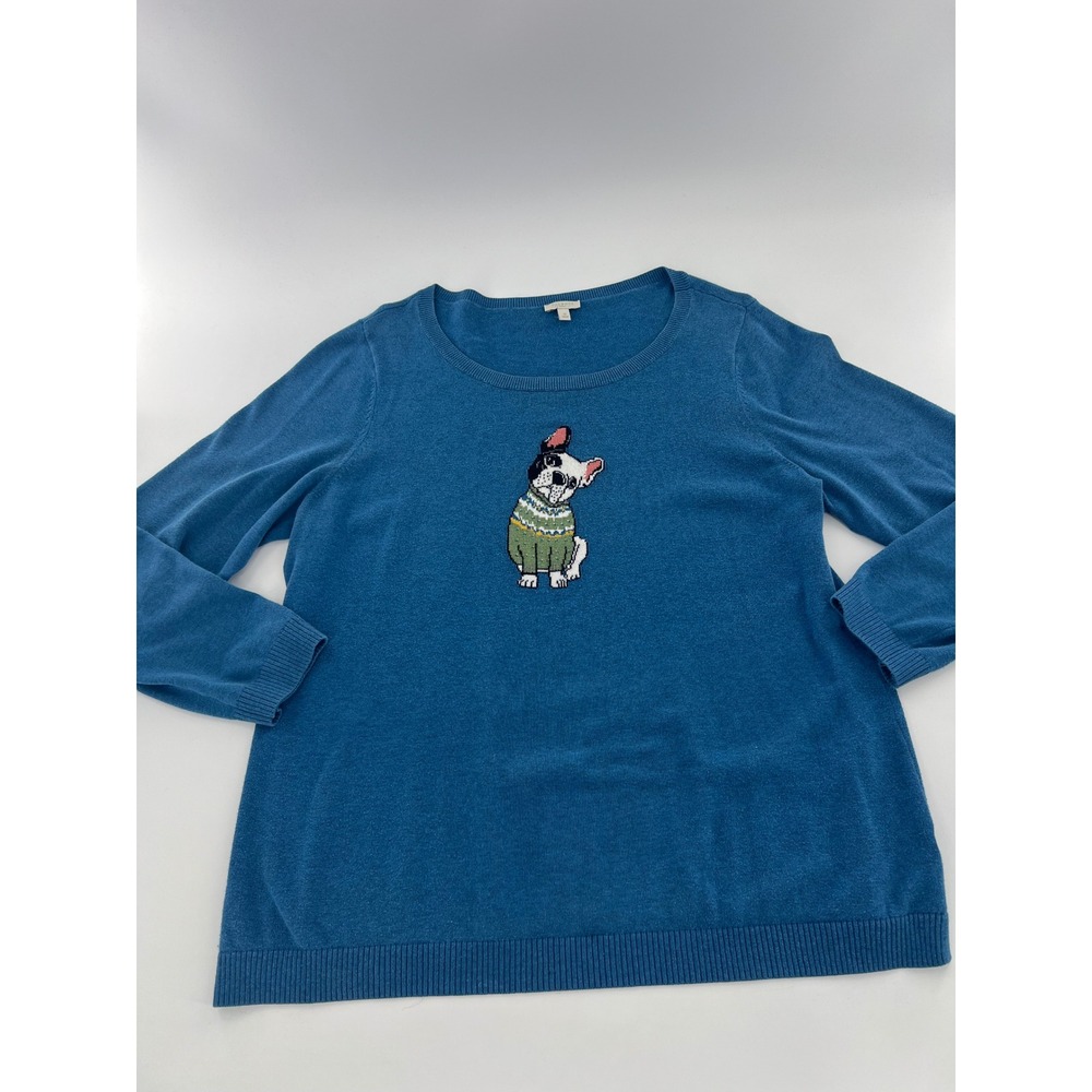 Talbots Woman Blue Cotton French Bulldog Graphic Sweater 1X Cute Dog  novelty